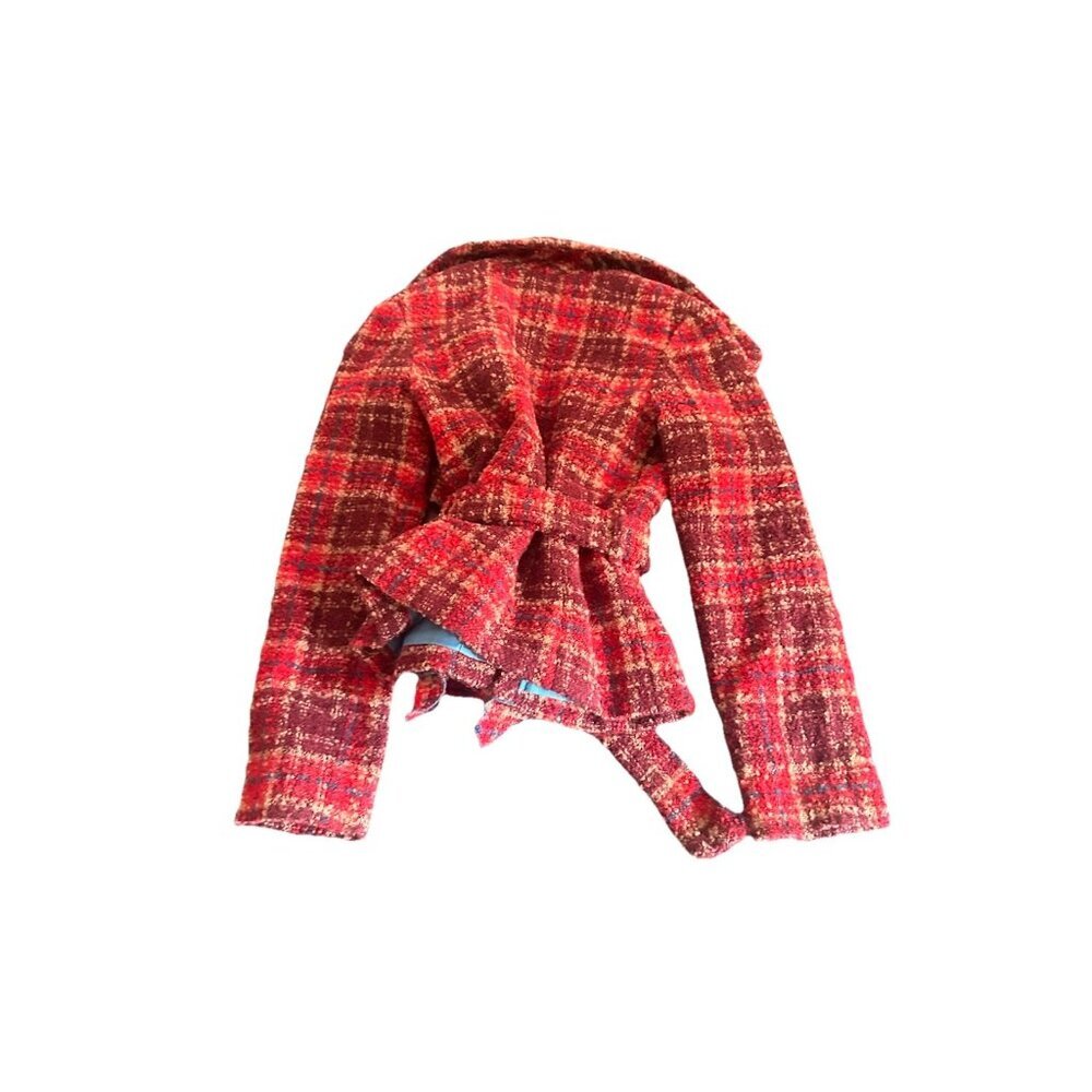 Anthropologie Tabitha Moretown Red Plaid Ruffle Tweed Belted Wool Jacket Sz 4 Nw - Picture 5 of 5